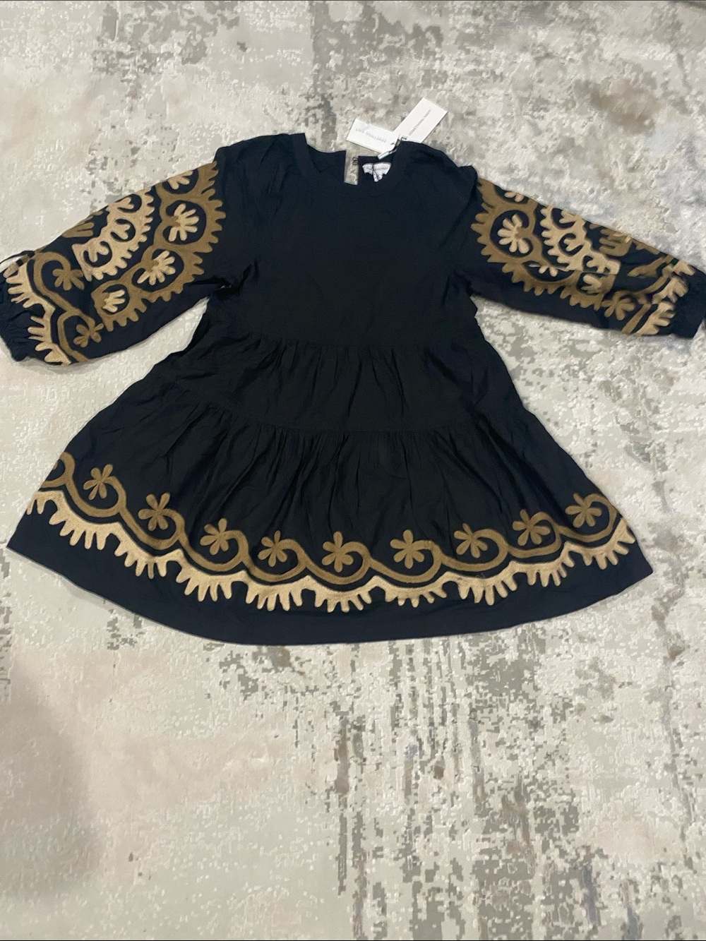 Something Navy Black Dress with Gold Embroidered Sleeves and Hem